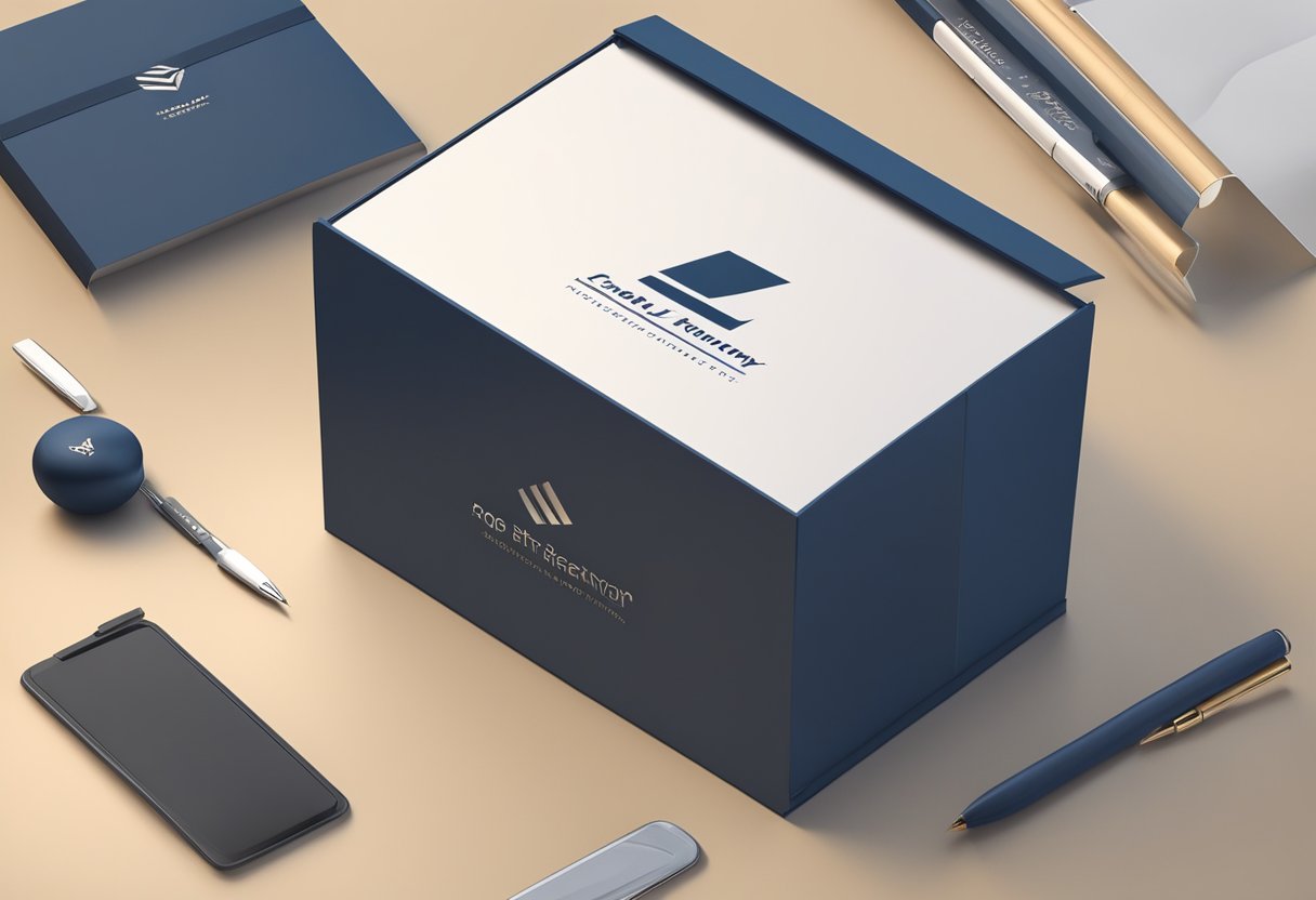 A sleek, professional gift box with the company logo, containing a high-quality item, sits on a desk