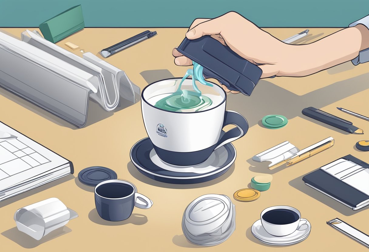 A hand reaches for a collapsible cup, surrounded by various materials and design options. The logo of a corporate company is visible on the cup