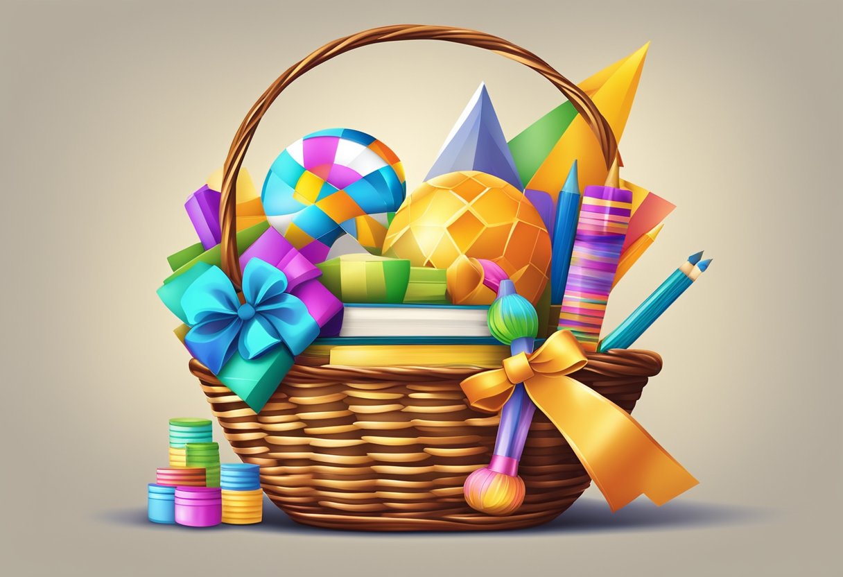 Colorful toys, books, and art supplies arranged in a gift basket with a bow. A logo of a company is printed on the side of the basket