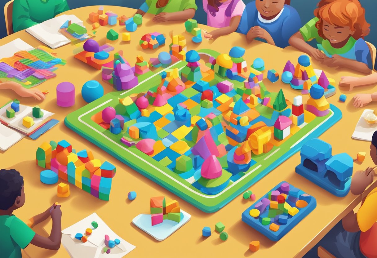 A group of colorful, interactive toys and games arranged on a table, with a diverse group of children and adults interacting and playing together