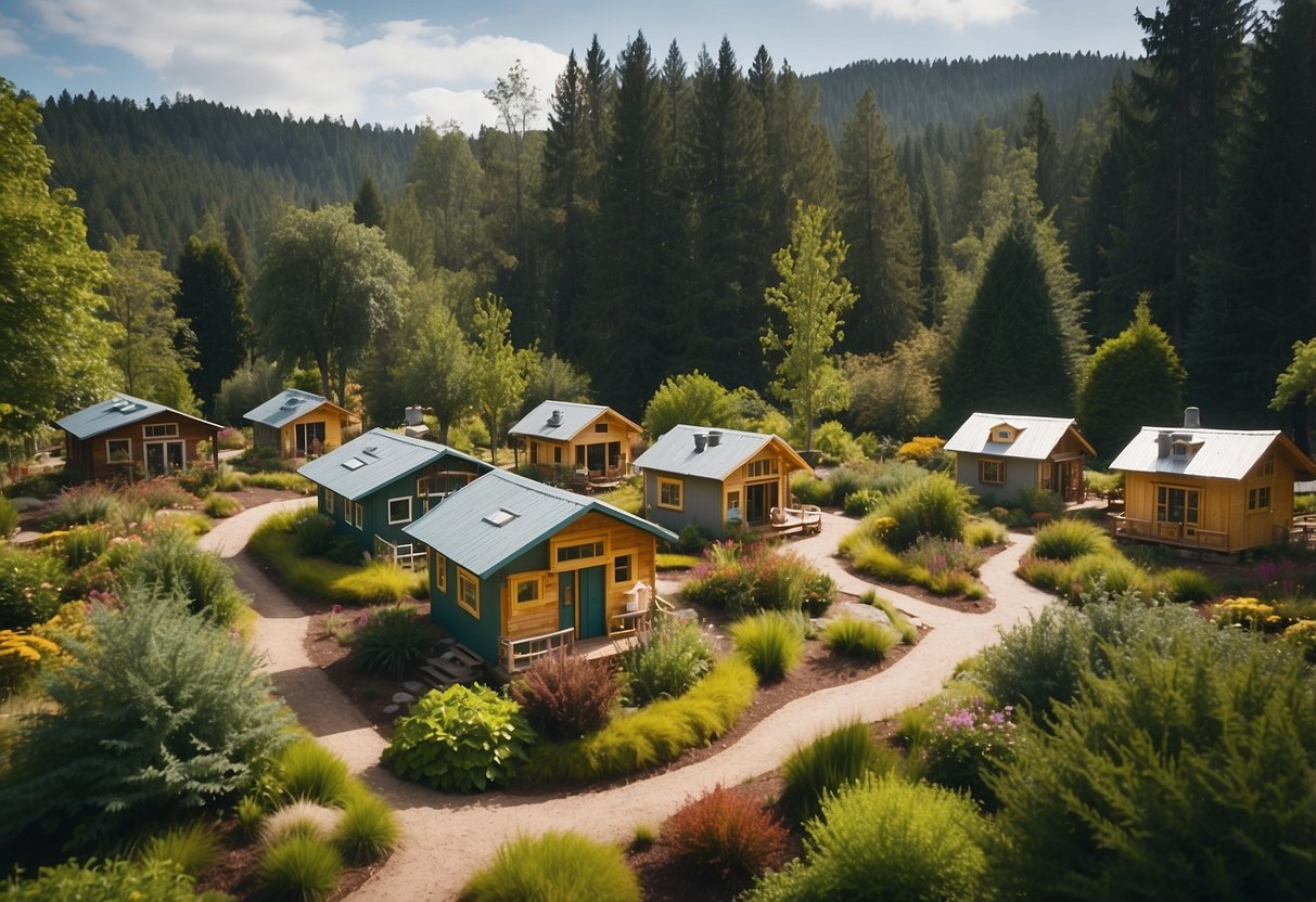 A cluster of colorful tiny homes nestled among lush green trees with a central communal area and winding pathways in a serene, rural setting