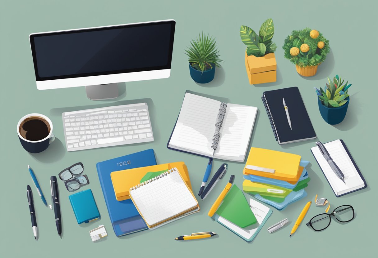 A table with a variety of corporate gifts under $200, such as branded pens, notebooks, and tech accessories. A sign reads "Frequently Asked Questions: Best Corporate Gift Under $200."