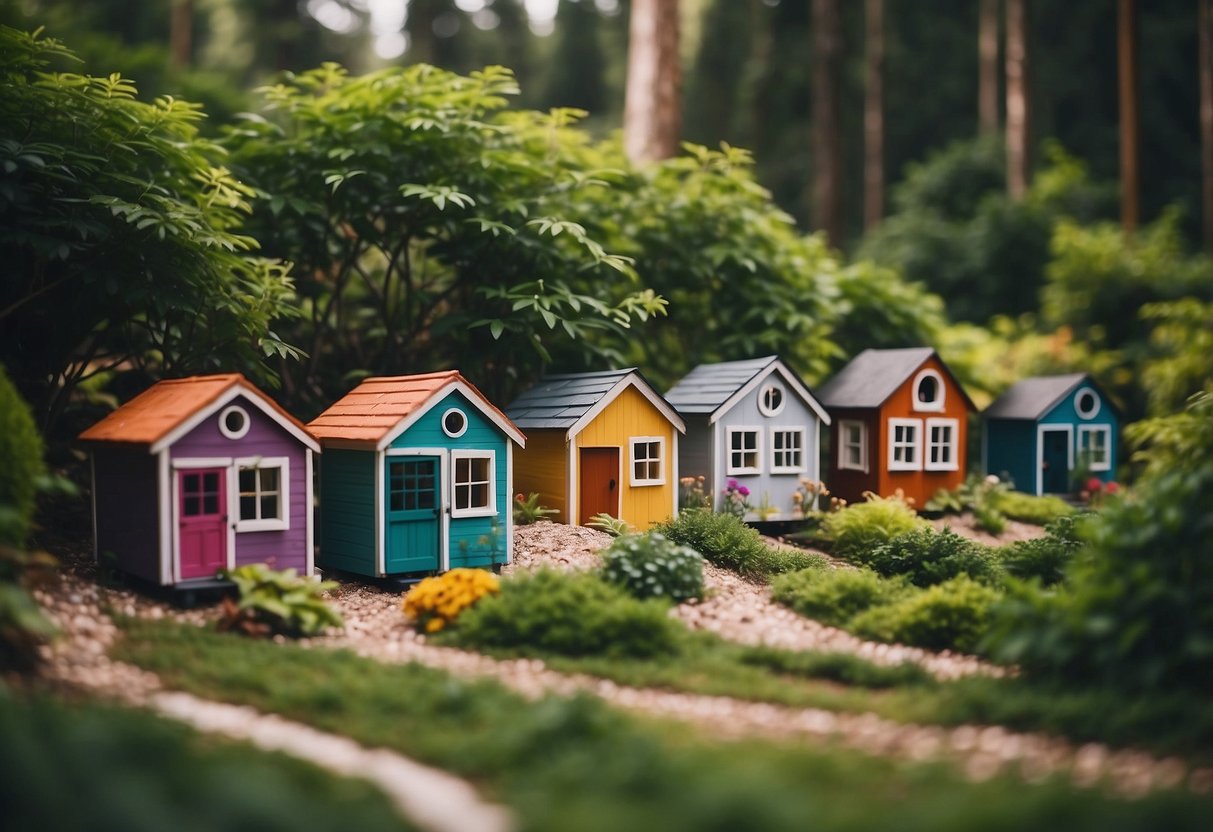 A cluster of colorful tiny homes nestled among lush greenery in a serene community setting