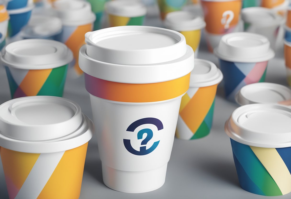 A branded collapsible cup surrounded by question marks and a corporate logo