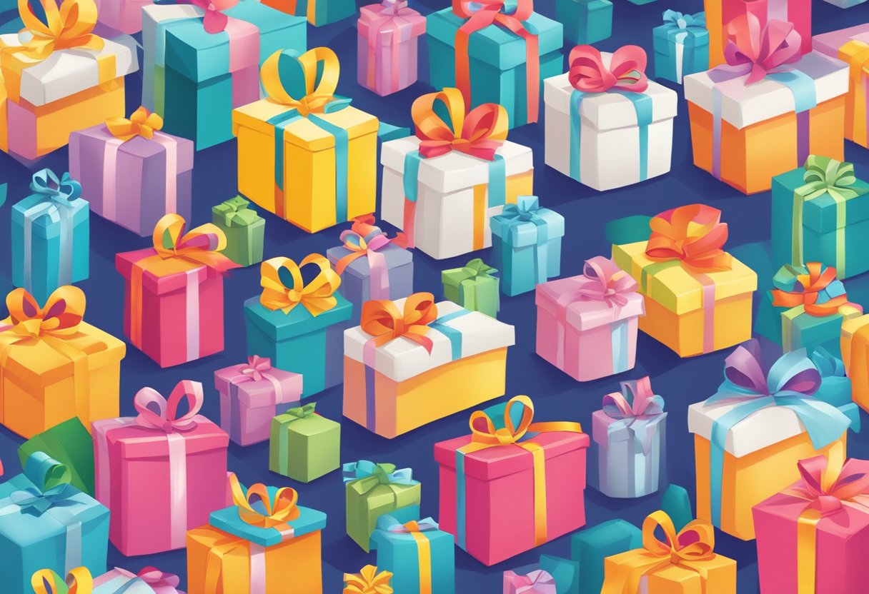 A colorful display of playful, age-appropriate gifts with the "Frequently Asked Questions corporate gift for kids" logo prominently featured