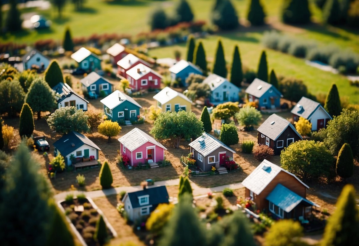 Aerial view of colorful tiny homes nestled among trees with community gardens and a central gathering space in a scenic rural setting