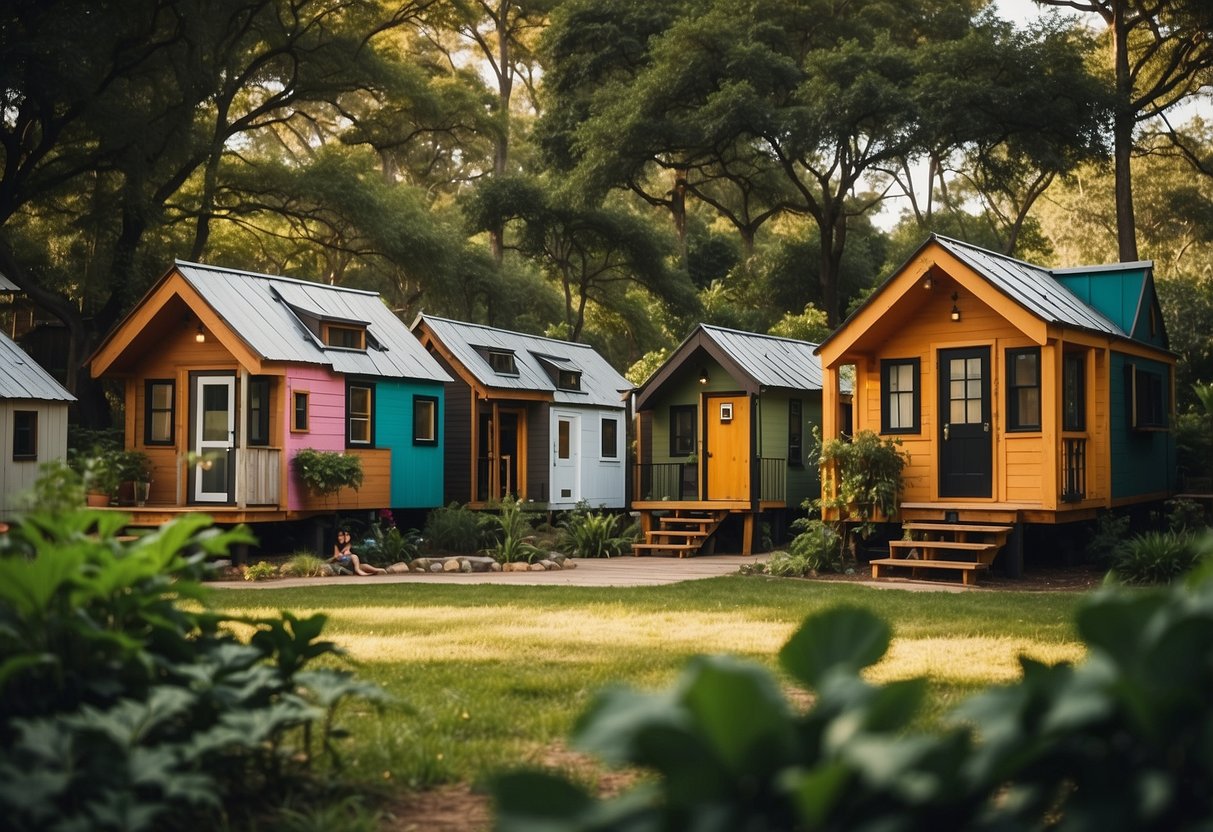 A cluster of colorful tiny homes surrounded by lush green trees, with a central gathering area and communal spaces for residents to interact and socialize