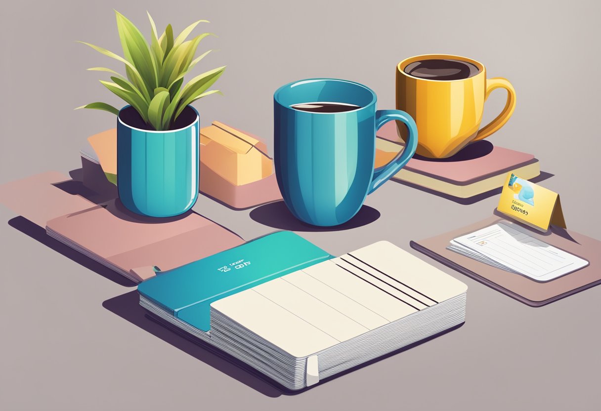 A table with branded notebooks, mugs, and gift cards. A banner reads "Best Corporate Gifts for Employees."