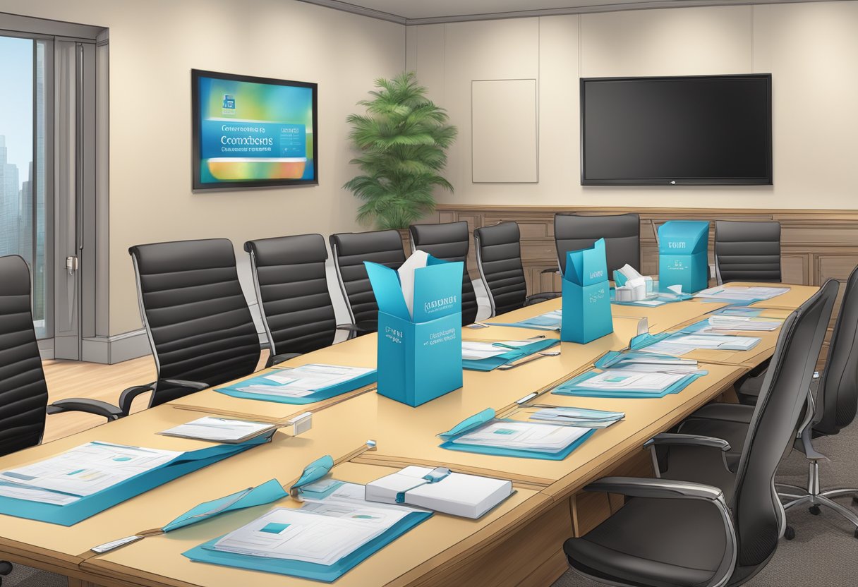 A conference room table with a variety of elegantly wrapped corporate gifts displayed, including branded items and personalized notes