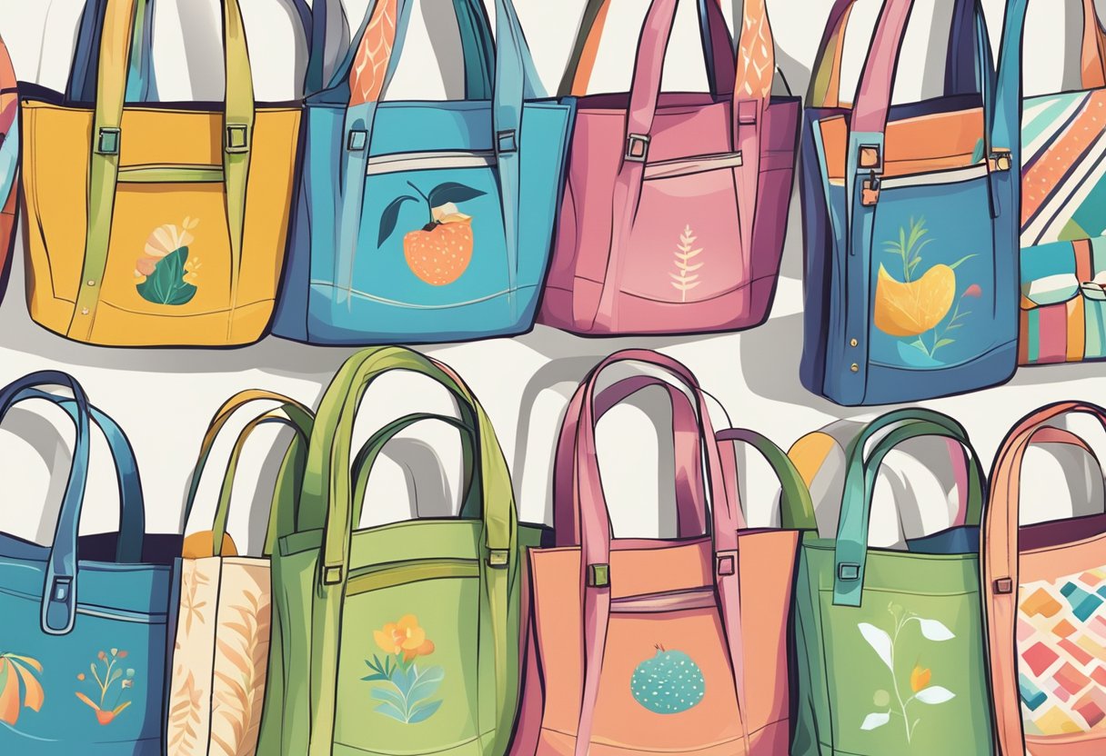 Colorful tote bags arranged in a neat row, with various patterns and designs. Some bags are open, revealing their spacious interiors