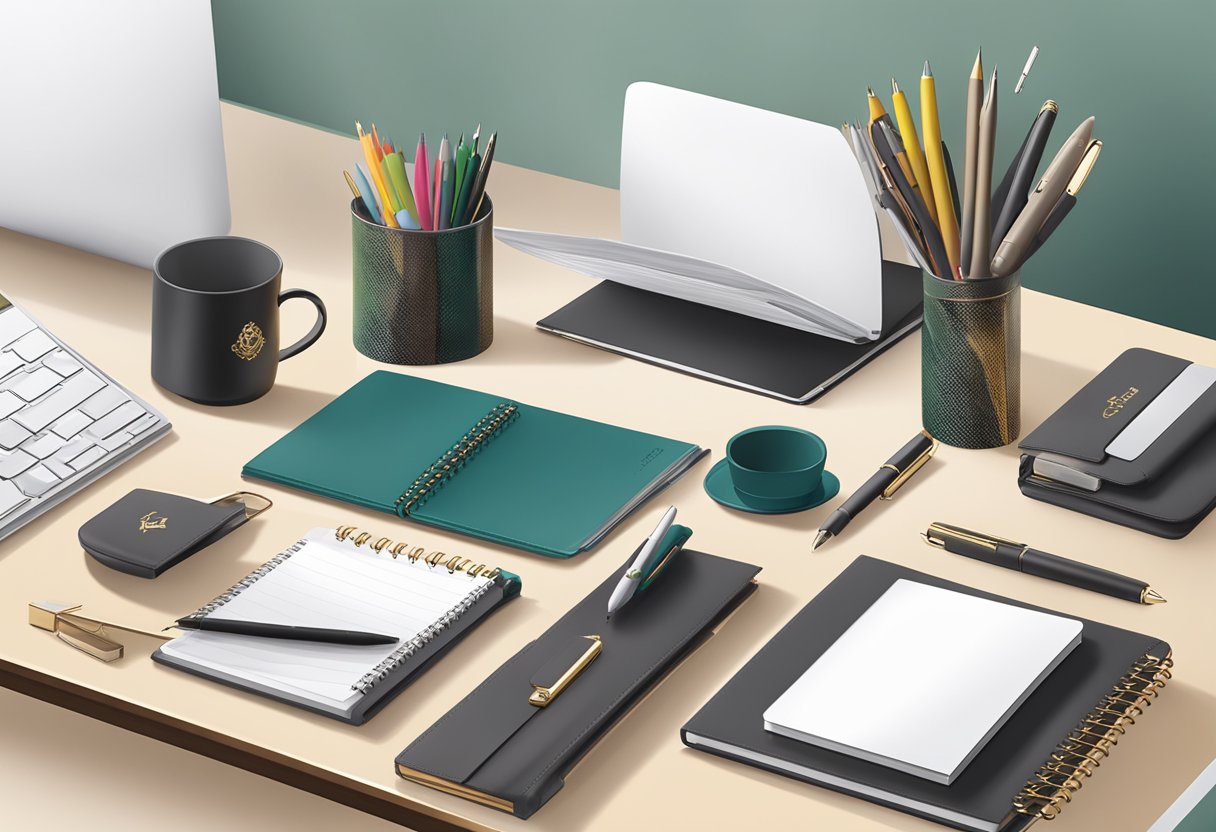 A table adorned with elegant corporate gift items like personalized pens, sleek notebooks, and stylish desk organizers