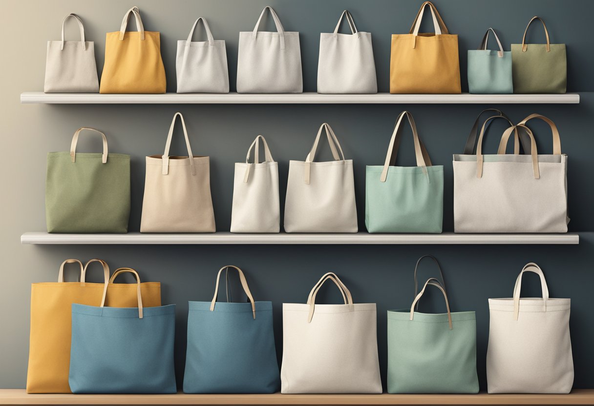 A variety of tote bags made from canvas, cotton, and recycled materials are displayed on a shelf, showcasing different styles and sizes