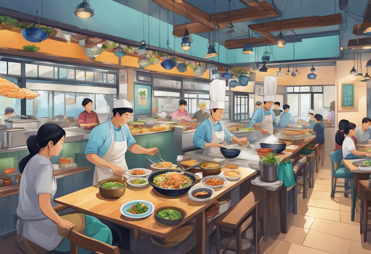 A bustling Korean seafood restaurant in Singapore, with colorful dishes on tables and a chef cooking at the open kitchen