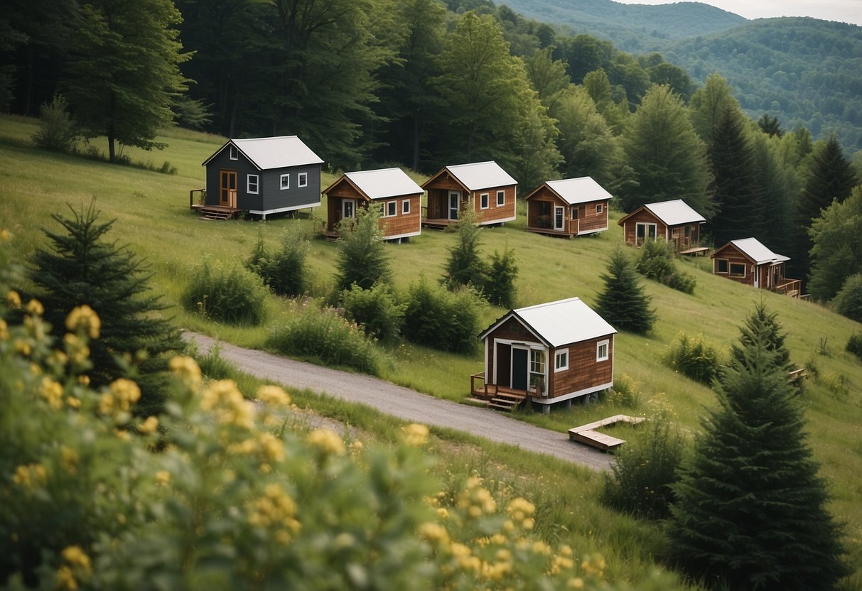 A cluster of tiny homes nestled among the rolling hills of upstate New York, surrounded by lush greenery and a serene atmosphere