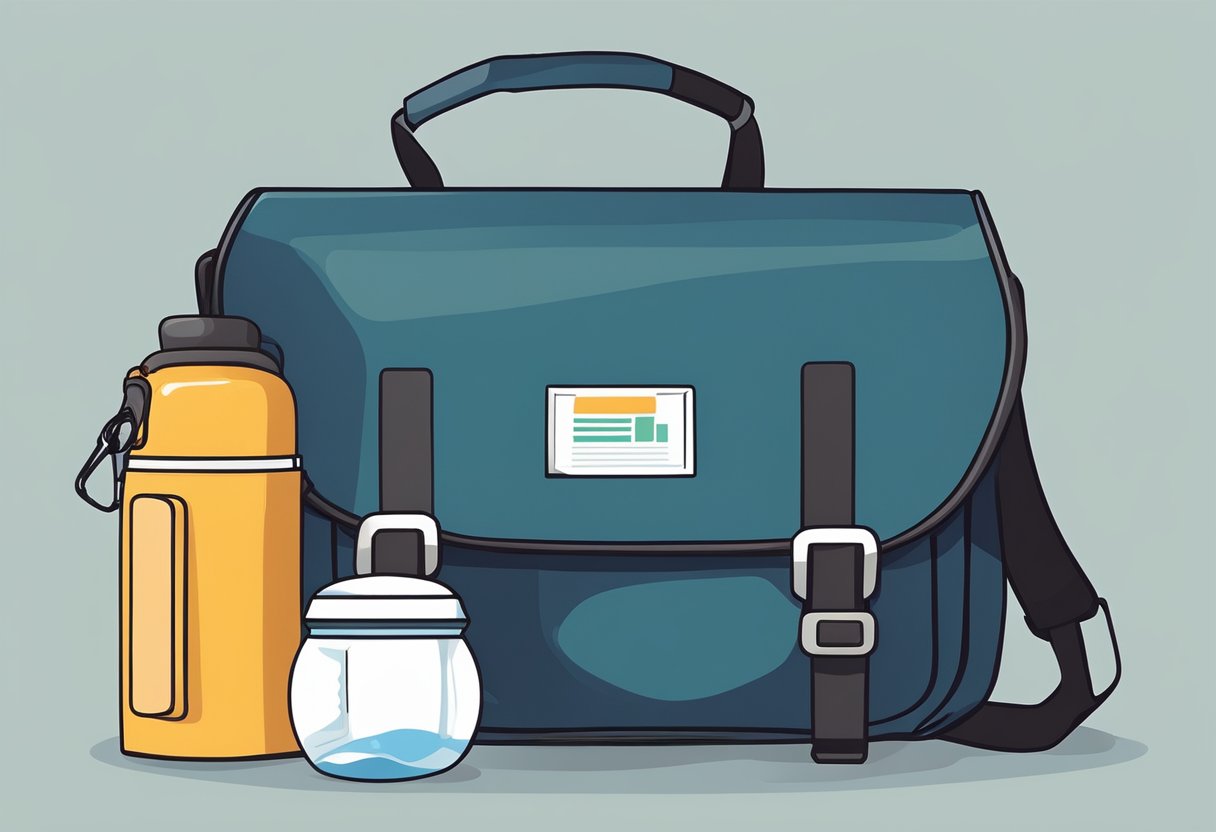 A tote bag hangs from a sturdy shoulder strap, filled with books and a water bottle. The bag's spacious interior and durable material suggest practicality and utility
