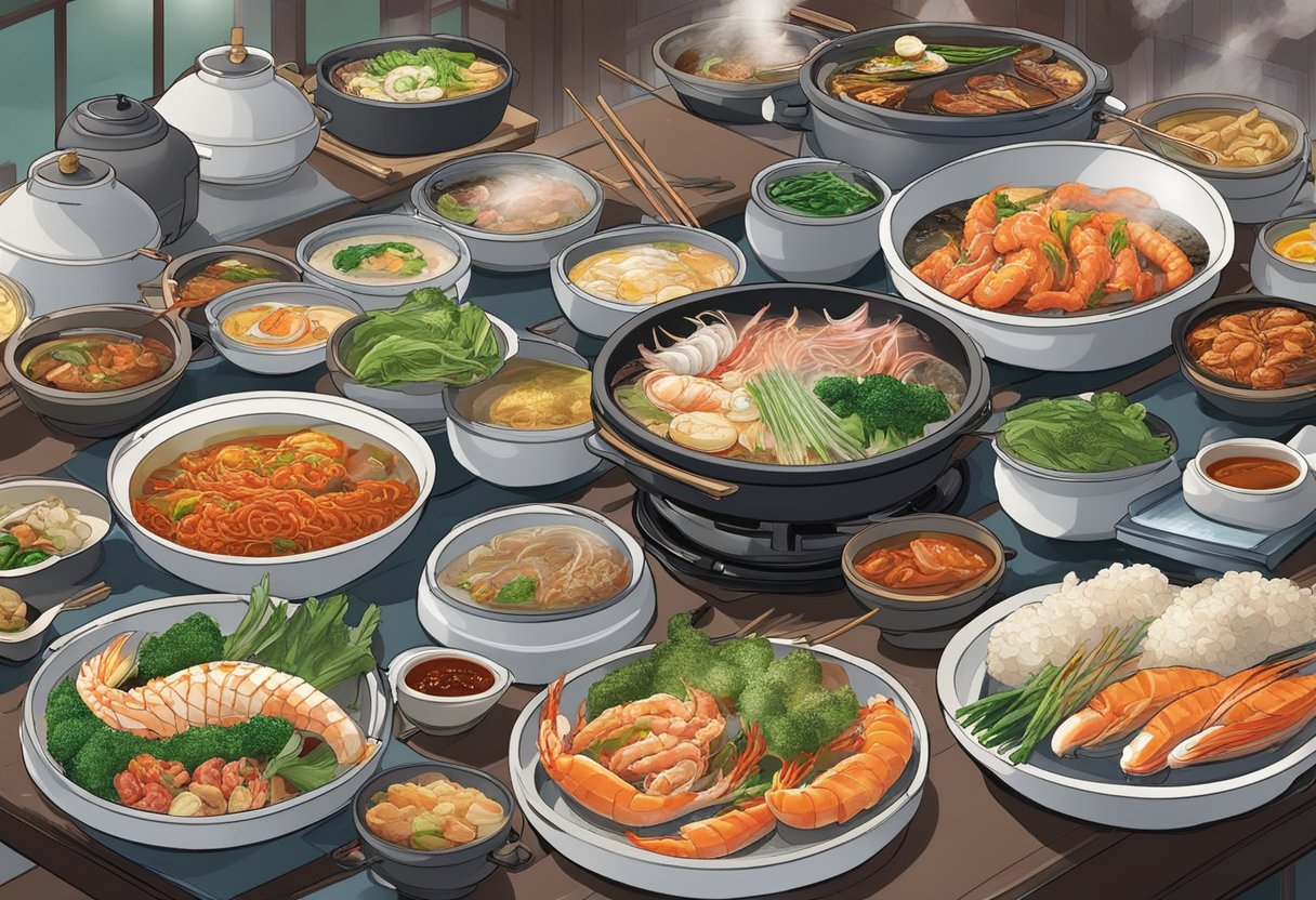 A bustling Korean seafood restaurant in Singapore, with steaming hot pots, sizzling grills, and colorful banchan spread across the tables
