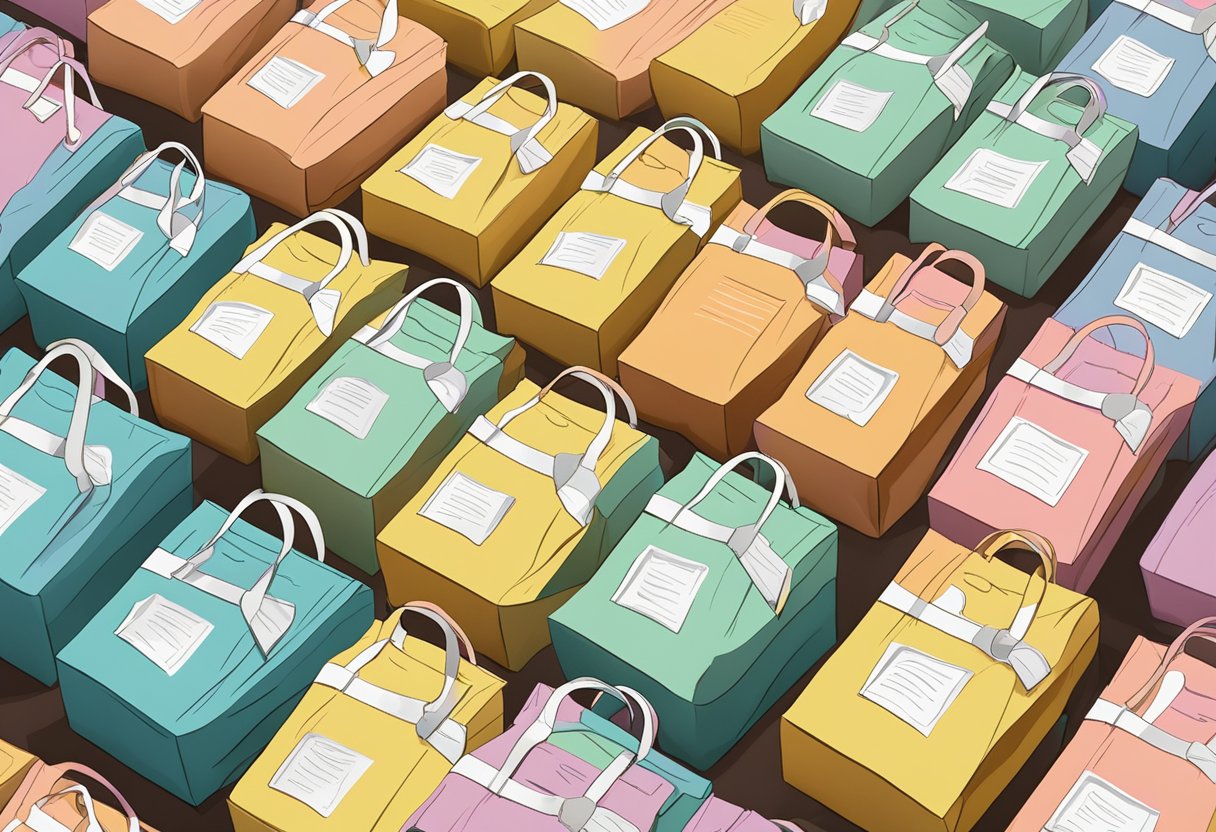 A stack of tote bags with "Frequently Asked Questions" printed on them. Bags are neatly arranged on a table with a bright, clean background