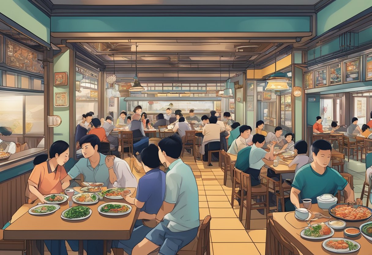A bustling Korean seafood restaurant in Singapore, with diners enjoying traditional dishes and vibrant decor