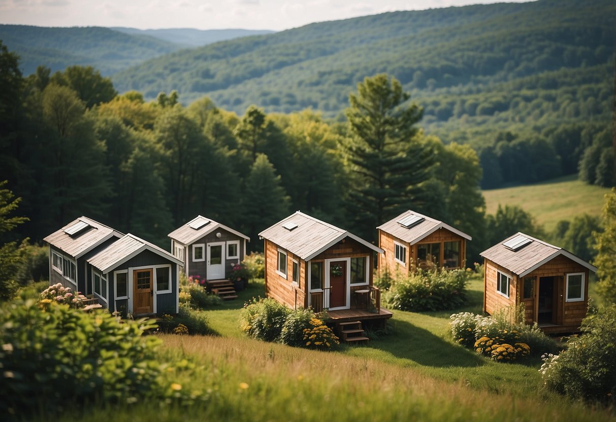 A cluster of tiny homes nestled among the rolling hills of Upstate New York, surrounded by lush greenery and tranquil landscapes