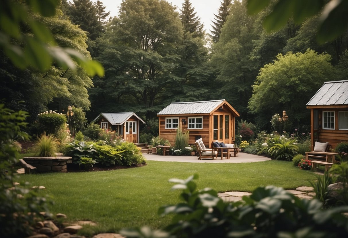 Tiny homes nestled among lush green trees, with communal gardens, fire pits, and outdoor seating. Residents walk dogs and chat, creating a sense of community