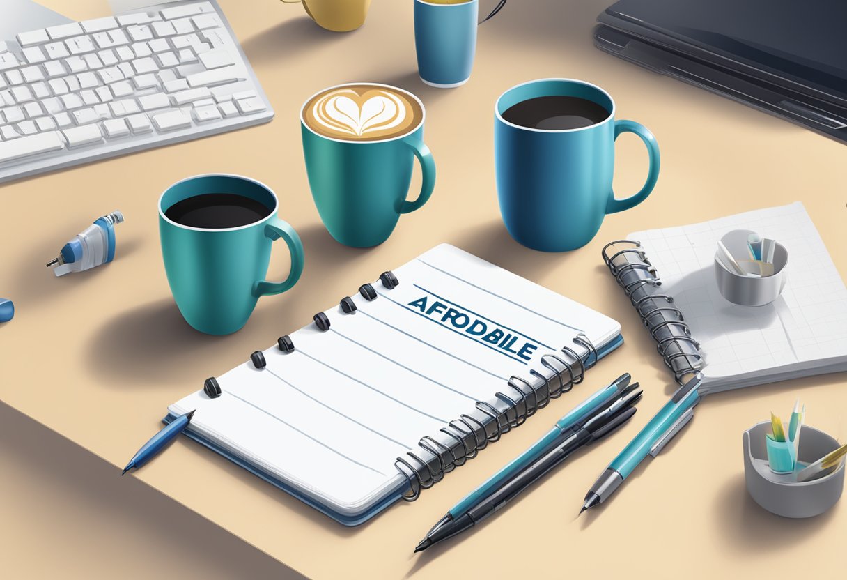 A table with branded pens, notebooks, and mugs. A banner reads "Affordable Corporate Gifts" with a company logo in the background
