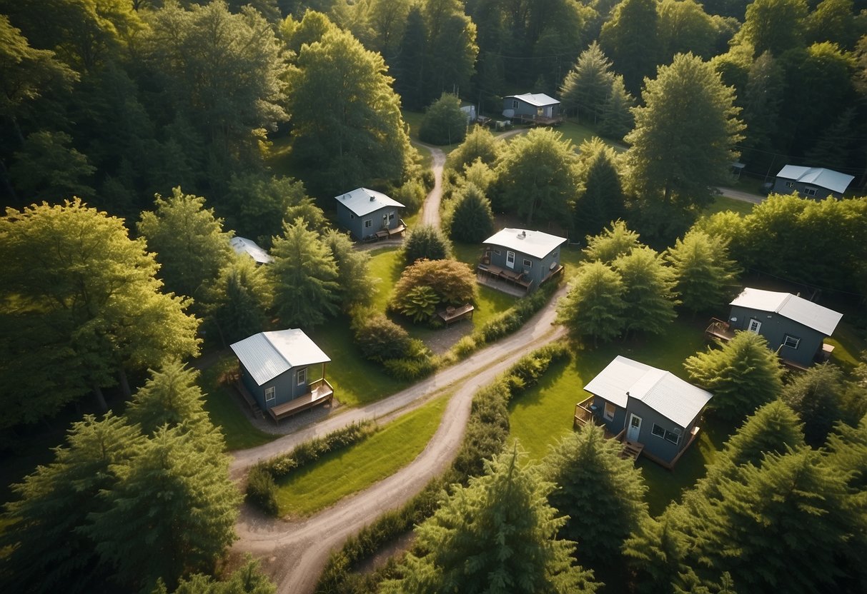 Aerial view of tiny homes nestled in a lush, wooded setting in upstate New York, with communal spaces and walking paths