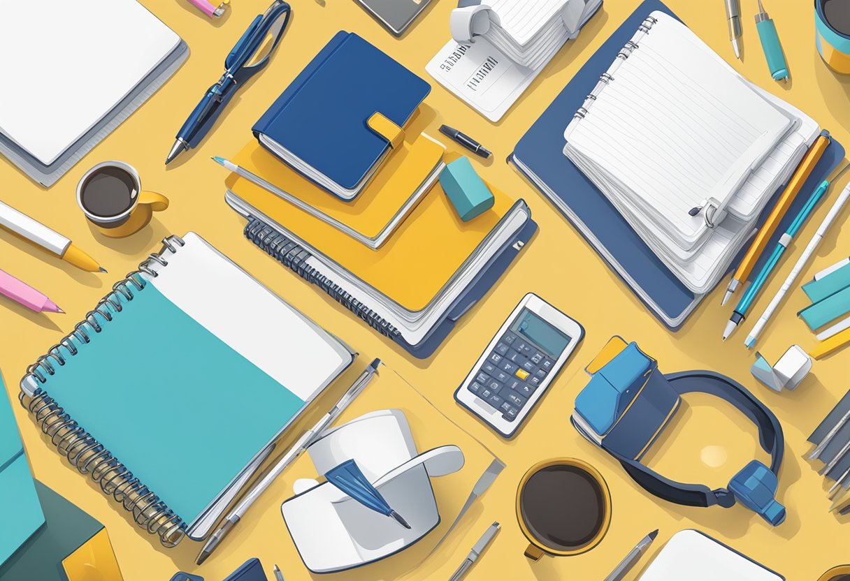 A table with a variety of affordable corporate gifts such as branded pens, notebooks, and mugs displayed neatly