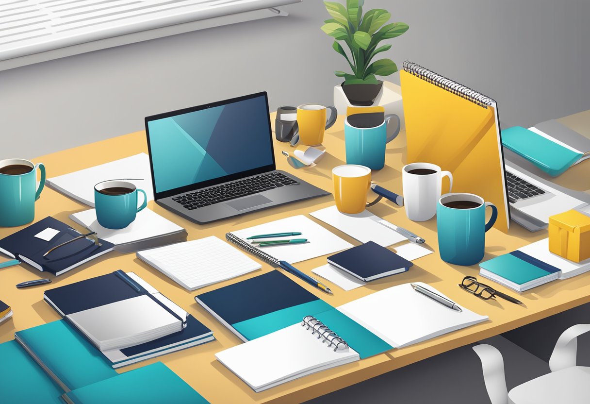 A table with various customizable corporate gifts, such as mugs, notebooks, and pens, displayed in a bright, modern office setting