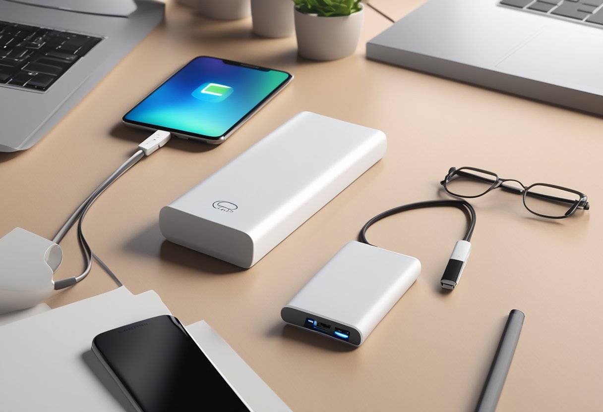 A sleek power bank with the company logo sits on a desk next to a branded notebook and pen. The scene is set in a modern office with clean lines and minimalistic decor