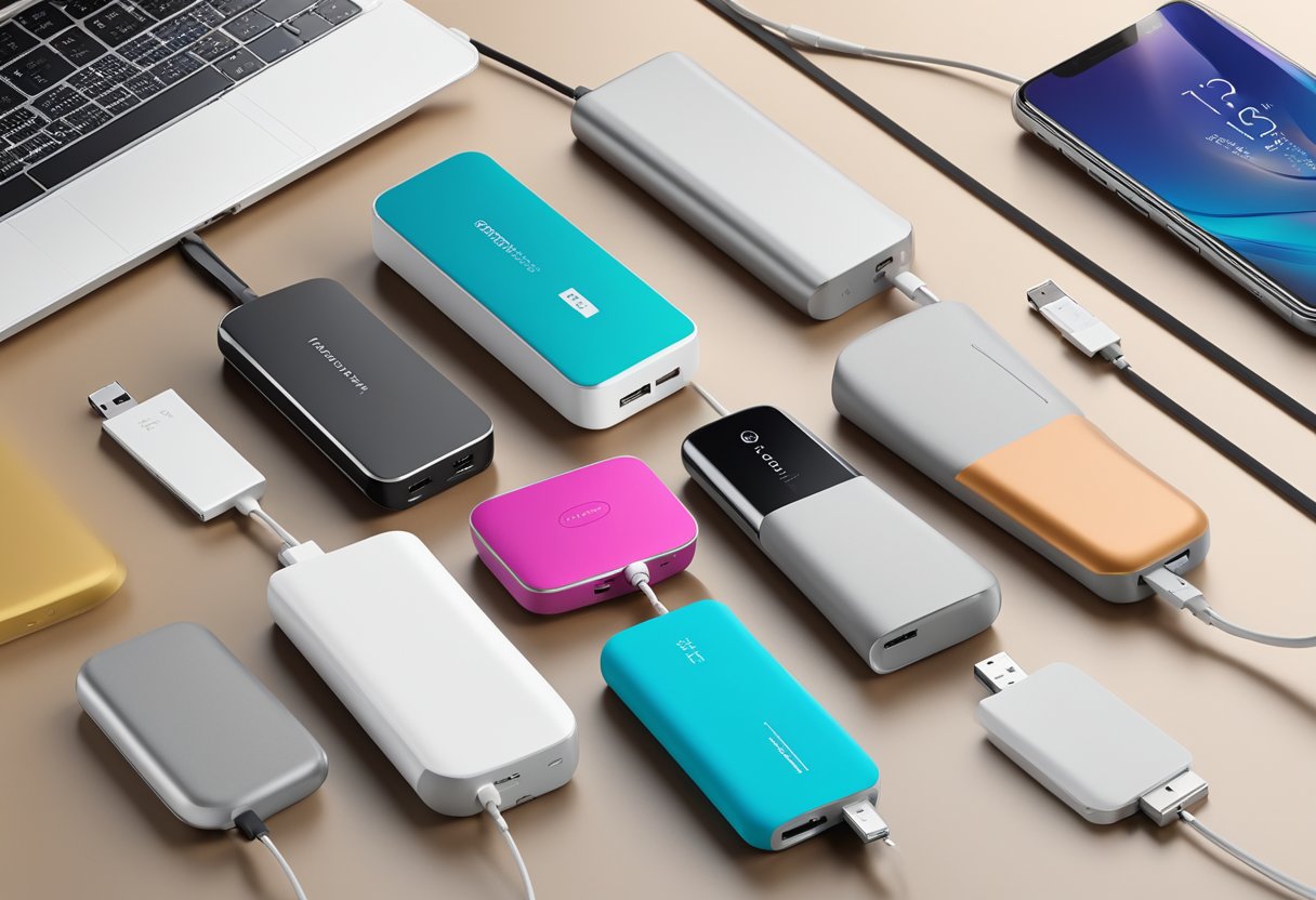 A variety of sleek and stylish power banks displayed on a clean, modern desk with corporate branding options visible
