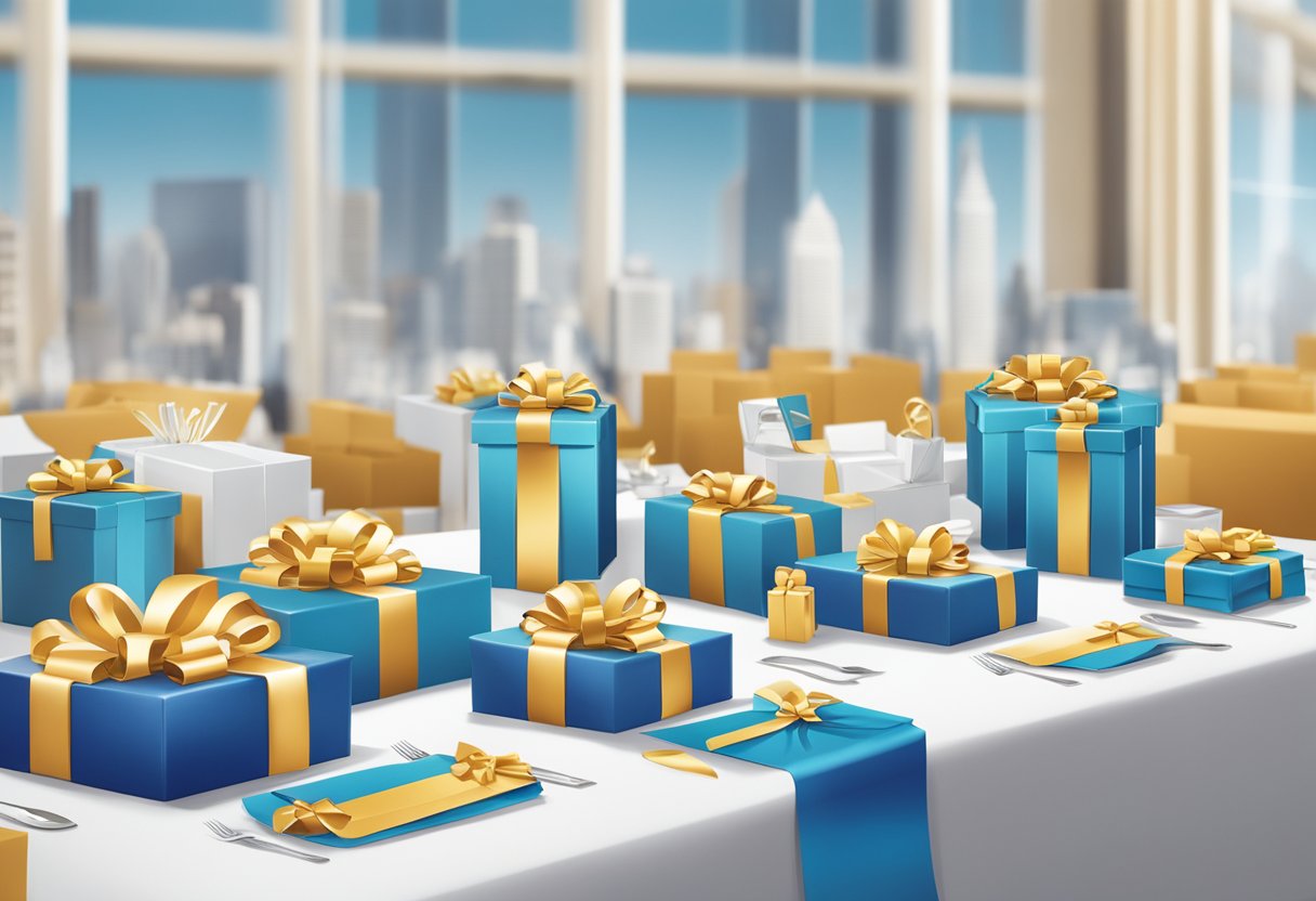 A table adorned with branded gift boxes, elegant packaging, and promotional items displayed at a corporate event