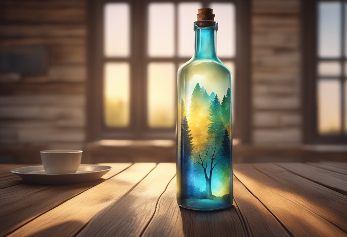 A bottle with a unique print sits on a rustic wooden table. Light filters through the window, casting a soft glow on the bottle