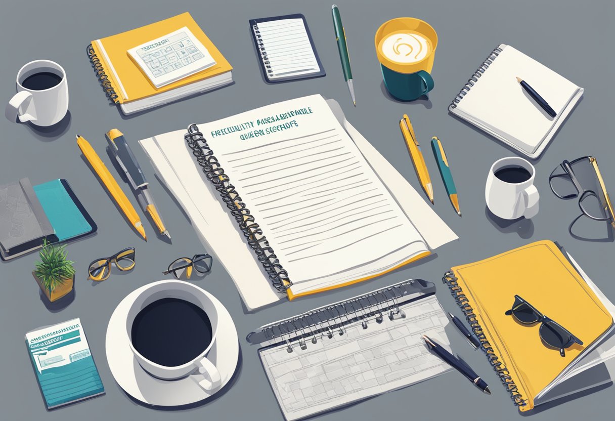 A table with various corporate gift items displayed, including mugs, pens, and notebooks. A sign reads "Frequently Asked Questions affordable corporate gifts."