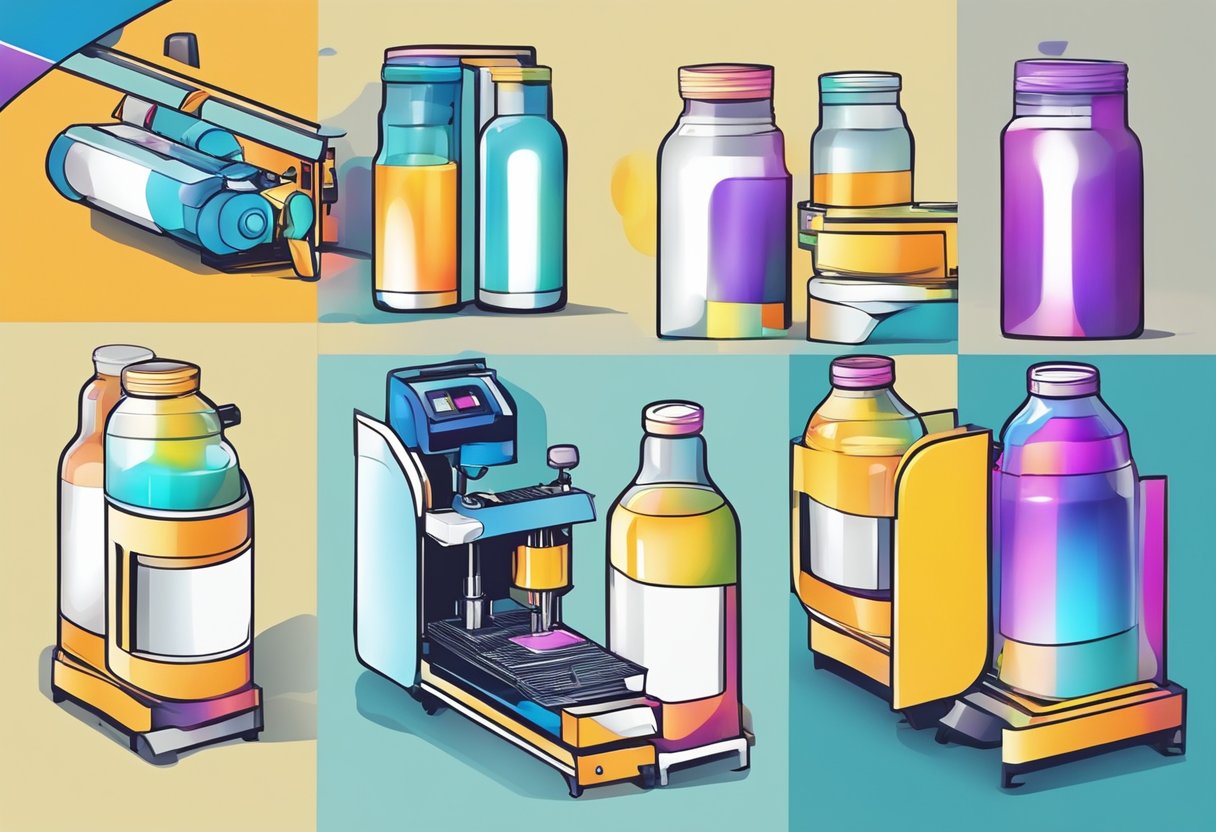A bottle being printed with a colorful design, the machine in motion, ink being applied to the surface with precision