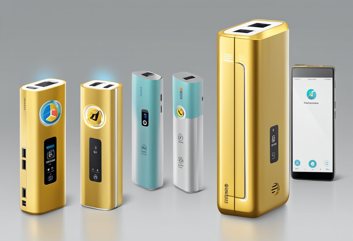 A branded power bank displayed with safety symbols and logistic elements
