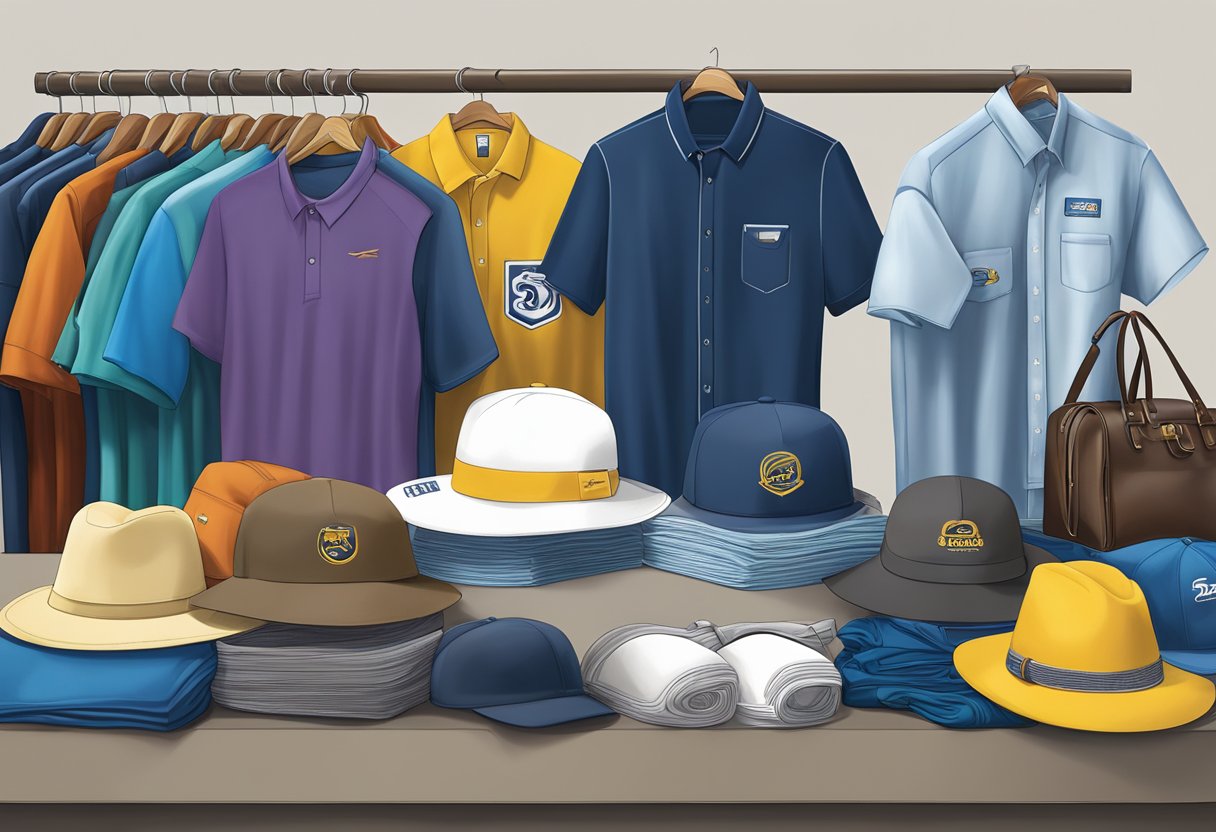 A table displays branded clothing items and accessories, such as shirts, hats, and bags, with a company logo prominently featured