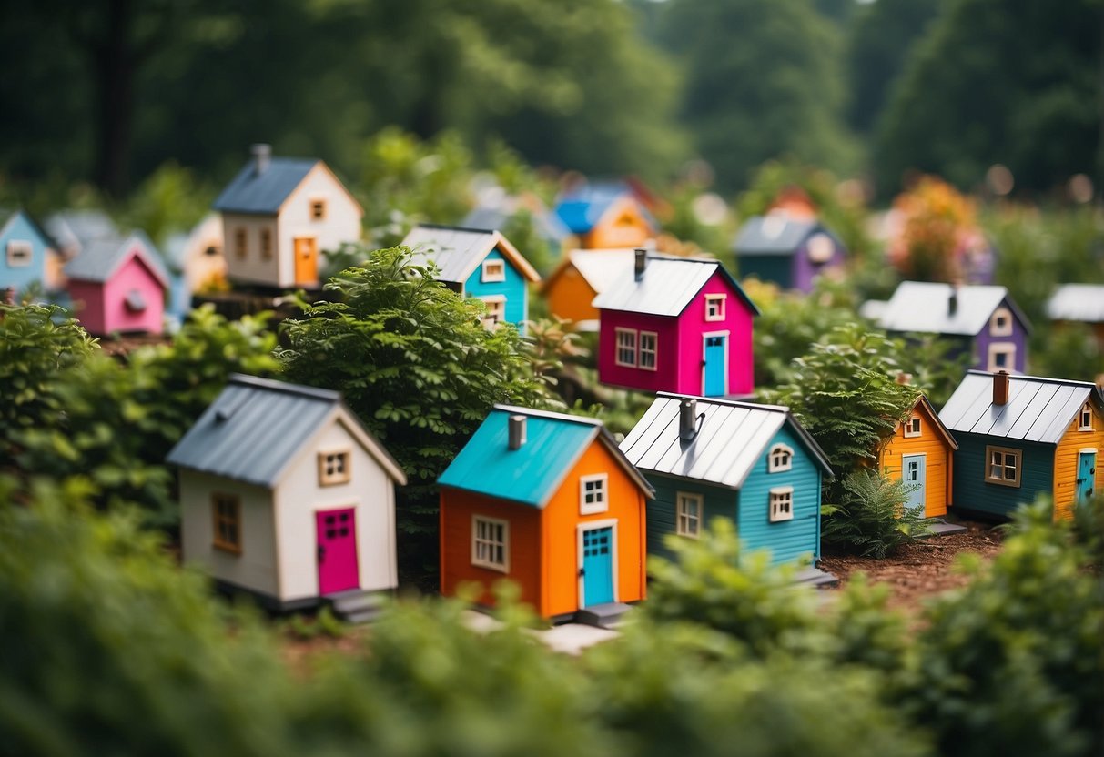 A cluster of colorful tiny homes nestled among lush green trees in an upstate NY community