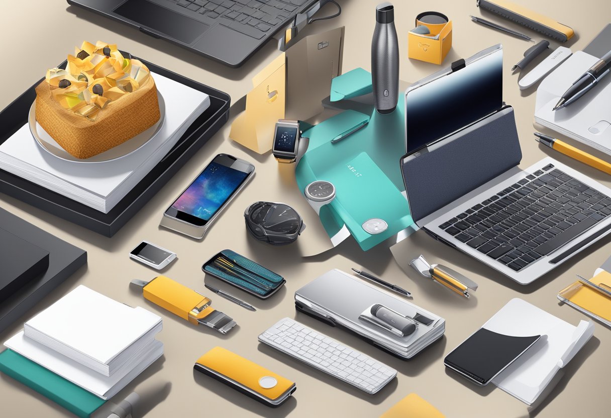 A table with branded tech gadgets, luxury pens, and gourmet gift baskets displayed as popular corporate event gifts