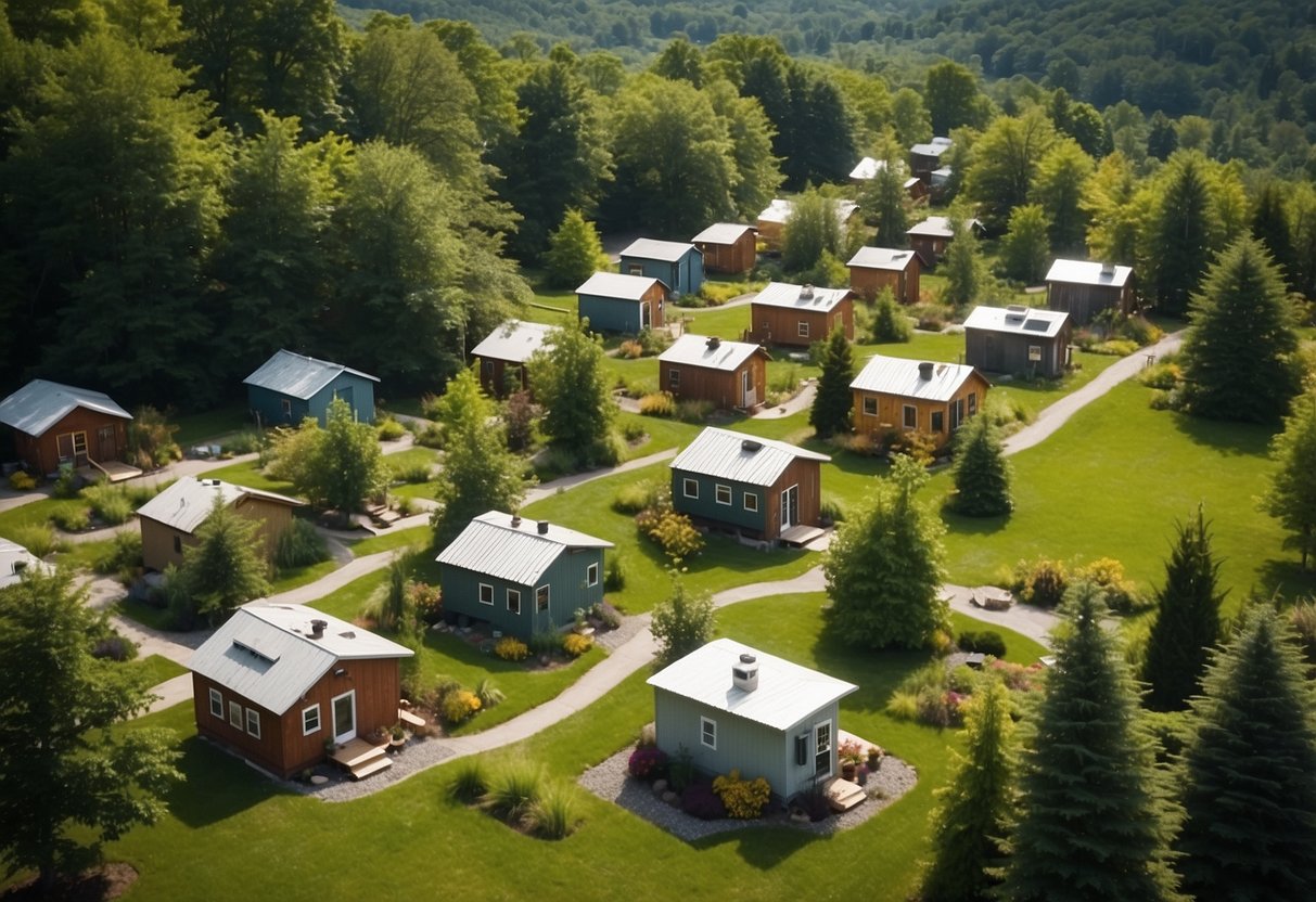 Aerial view of tiny homes nestled in lush green landscape of Upstate NY. Community garden, walking paths, and communal spaces visible