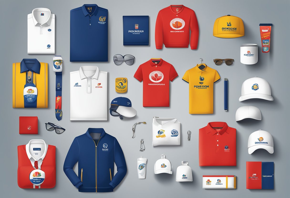 A table with various corporate clothing items, branded with company logos, displayed alongside gift packaging and promotional materials