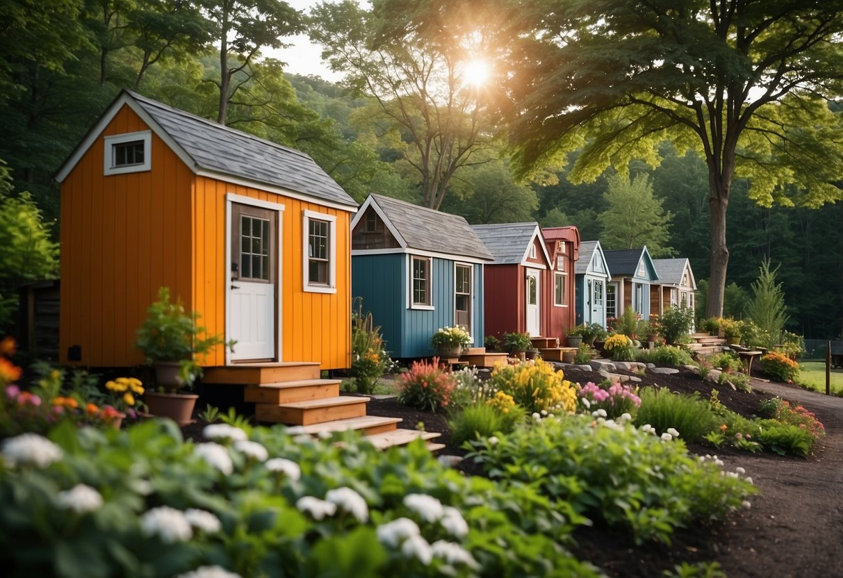 A cluster of colorful tiny homes nestled among lush green trees and rolling hills in upstate NY. Community gardens, outdoor seating areas, and walking paths create a serene and sustainable lifestyle
