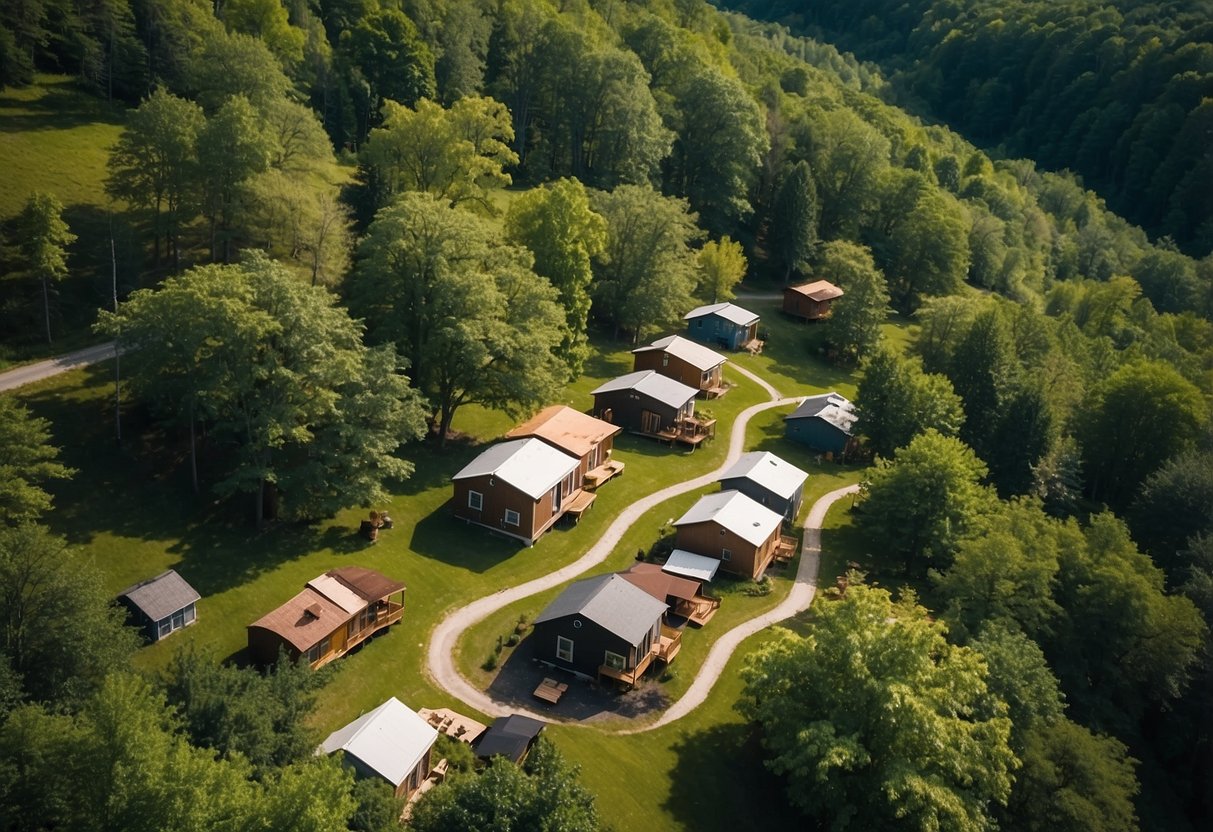 Aerial view of tiny homes nestled in a lush, wooded landscape with winding paths connecting the community in upstate NY