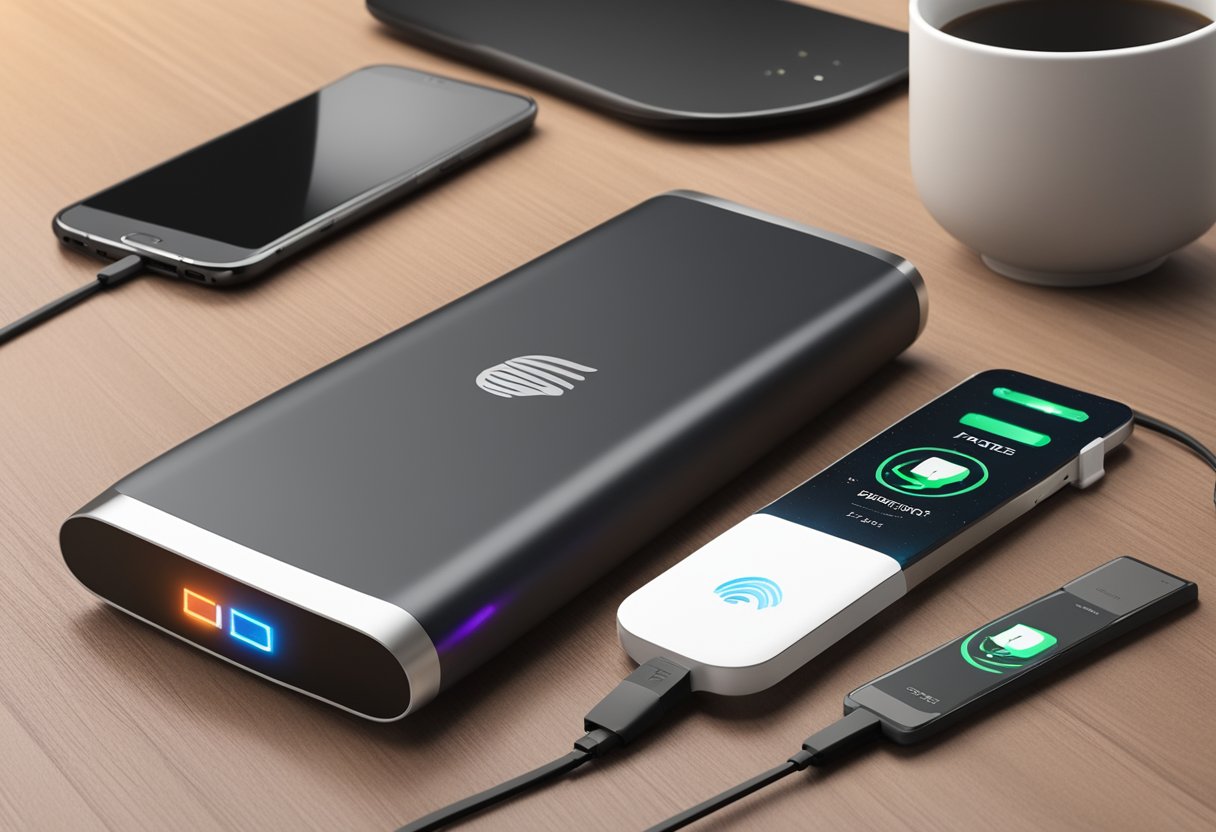 A sleek power bank with logo sits on a desk, surrounded by various corporate gifts. FAQ pamphlets are neatly stacked nearby