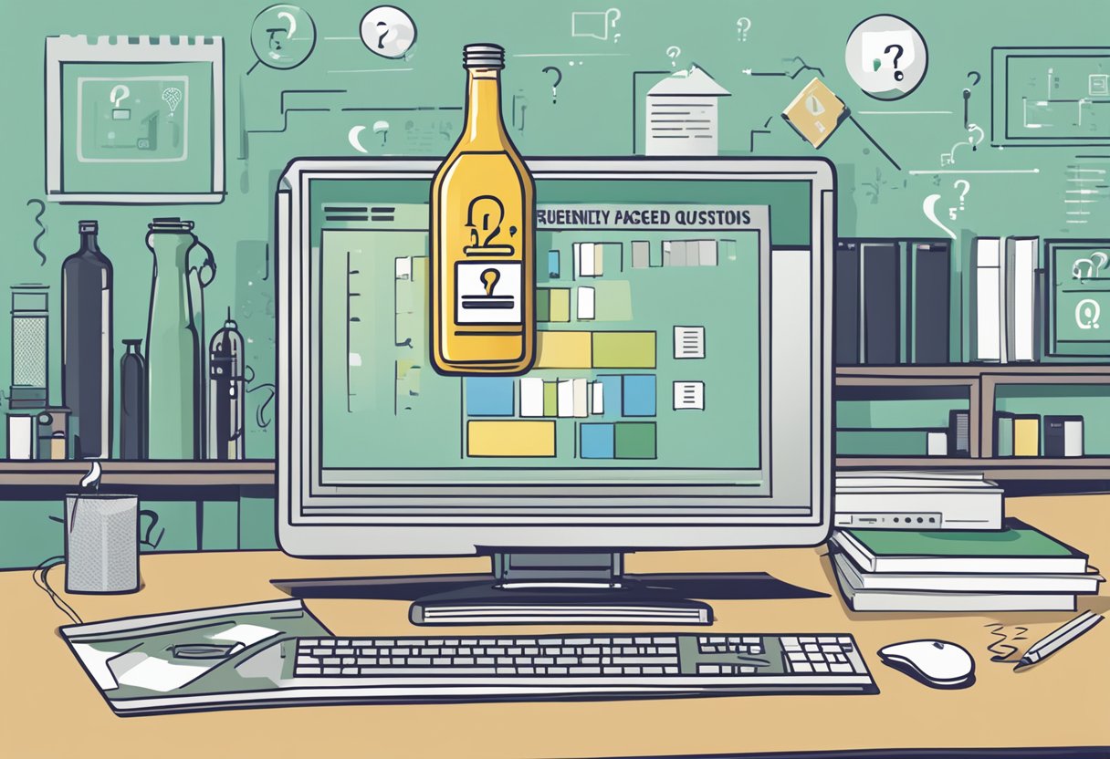A bottle with "Frequently Asked Questions" label, surrounded by question marks and a computer screen in the background