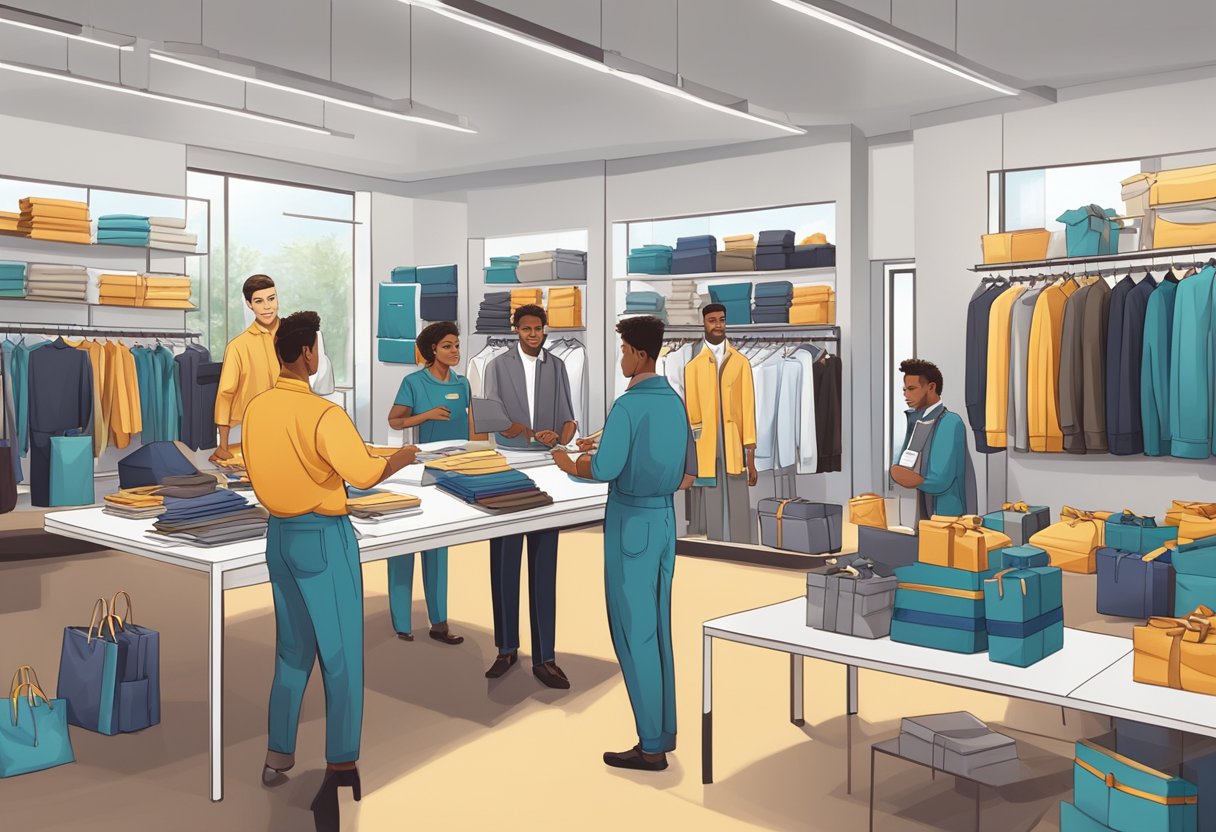 A group of workers selecting and customizing corporate clothing gifts at a clothing store