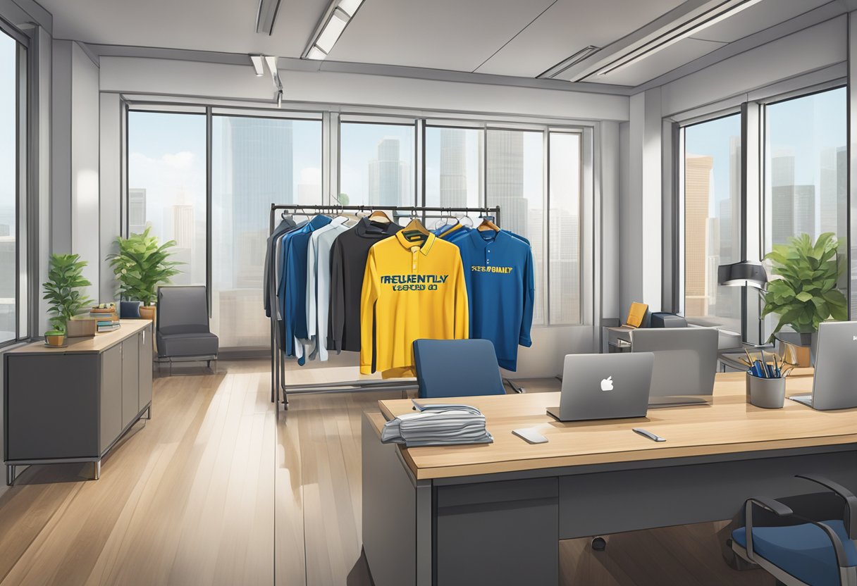 A table with branded clothing items and a sign reading "Frequently Asked Questions corporate clothing gifts" displayed in a professional office setting
