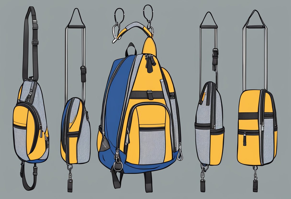 A bulk sling bag hanging from a sturdy hook, with various compartments and a padded strap for comfort
