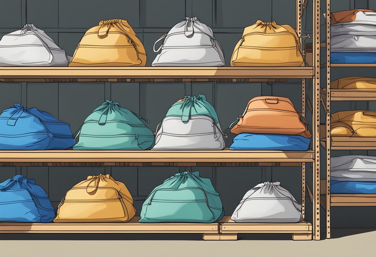 A stack of bulk sling bags sits neatly on a warehouse shelf, ready for distribution
