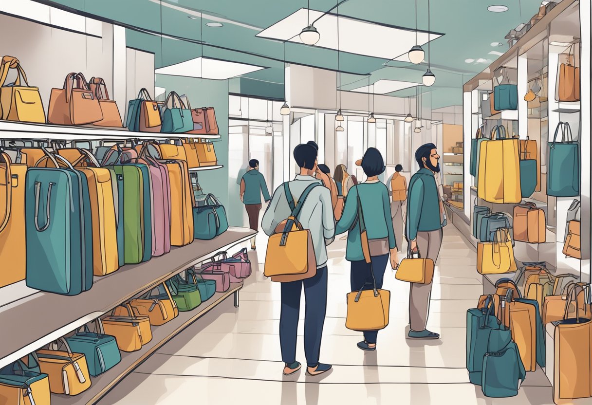 Customers buying and using multiple sling bags in a store setting