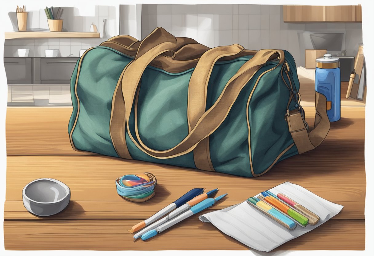 A canvas bag sits on a wooden table, its fabric wrinkled and worn. The bag is filled with various items, creating a slight bulge in the center